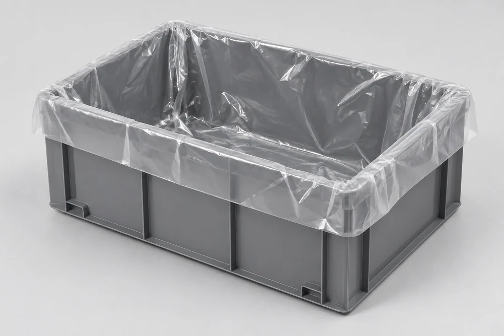 Transparenter Seitenfaltensack in einem grauen Behälter