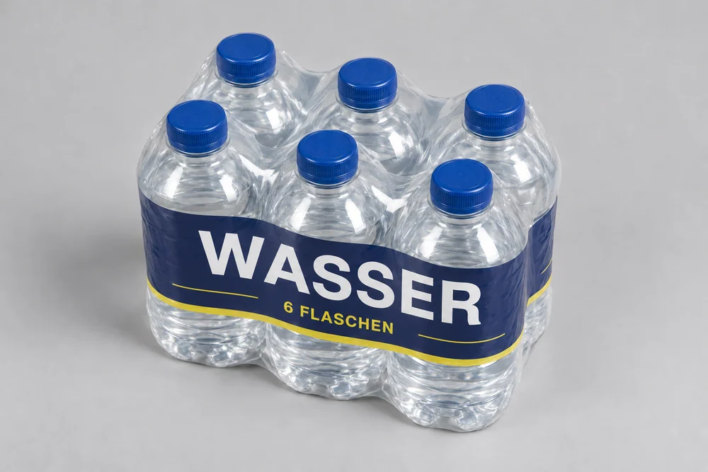 Illustrative blau bedruckte Außenfolie um sechs Wasserflaschen