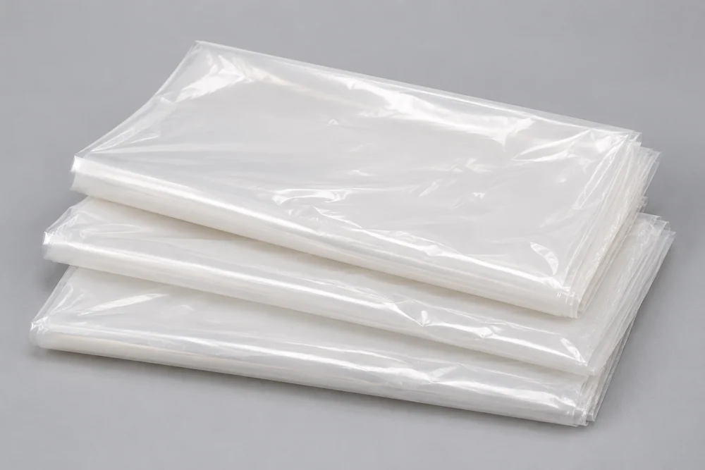 Drei lose gefaltete transparente Folienzuschnitte