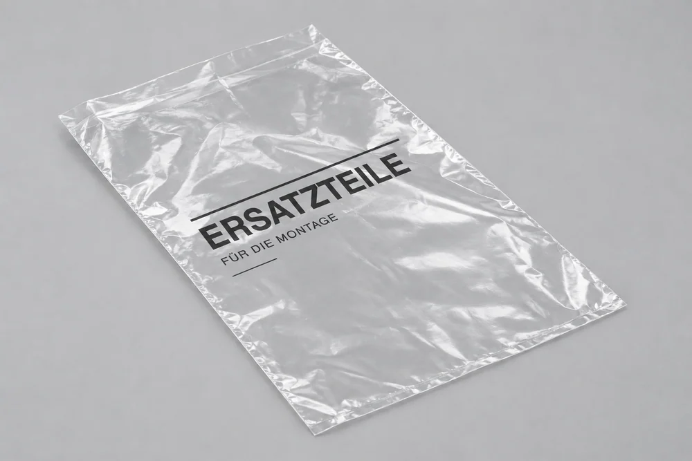 Illustrativer schwarzer Aufdruck ERSATZTEILE auf einem transparenten Flachsack
