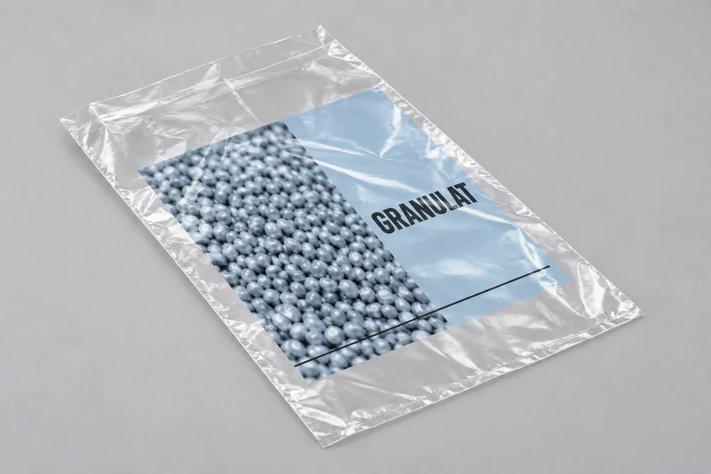 Illustratives hellblaues Granulatmotiv als Fotofeld auf einem leeren transparenten Sack